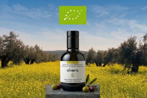 Botella de aceite de oliva virgen extra ecológico Olvero con hojas de olivo en fondo de olivar ecologico