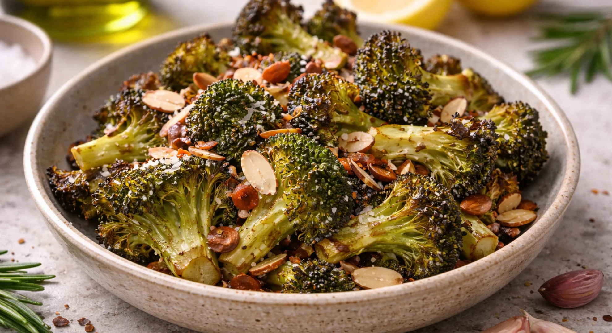 brocoli al horno con almendras y aceite de oliva virgen extra