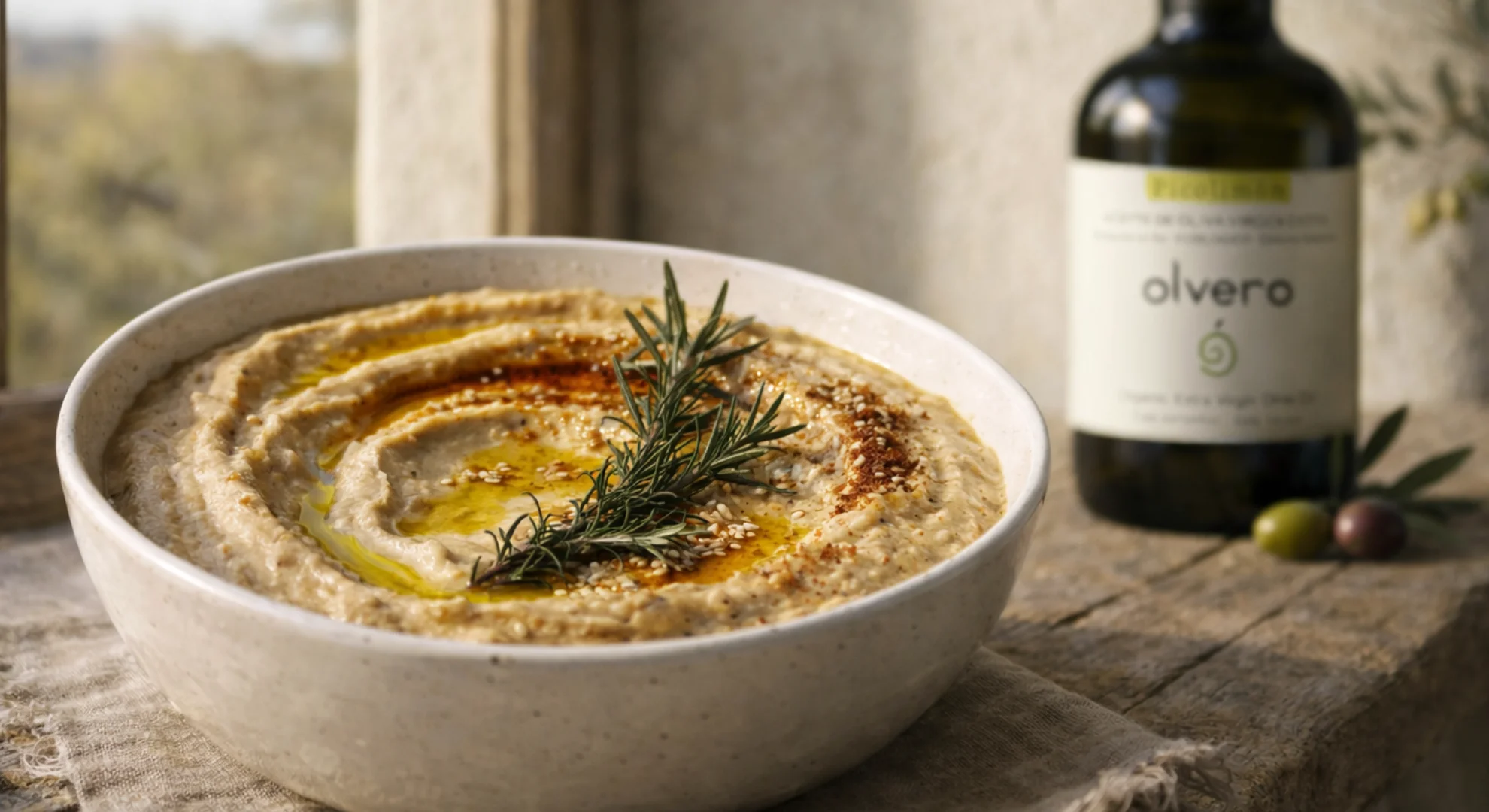 hummus casero cremoso con aceite de oliva virgen extra y pimenton