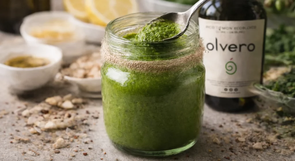 pesto de espinacas casero con aceite de oliva virgen extra