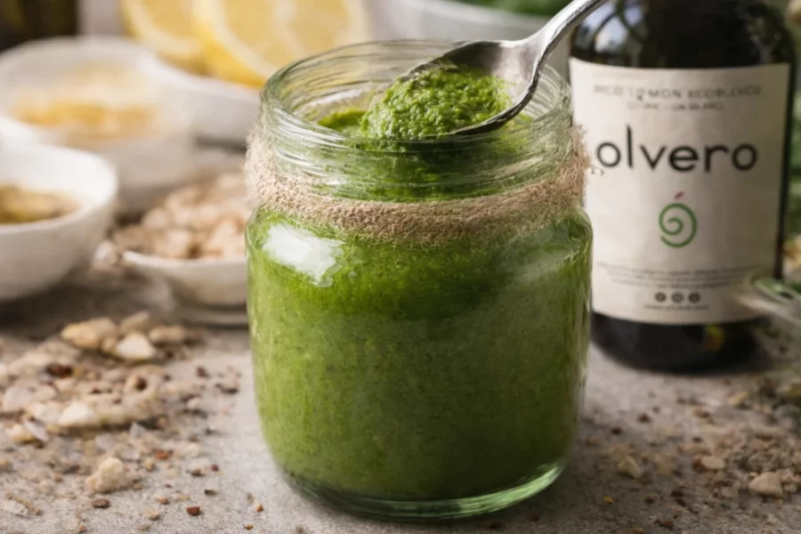 pesto de espinacas casero con aceite de oliva virgen extra