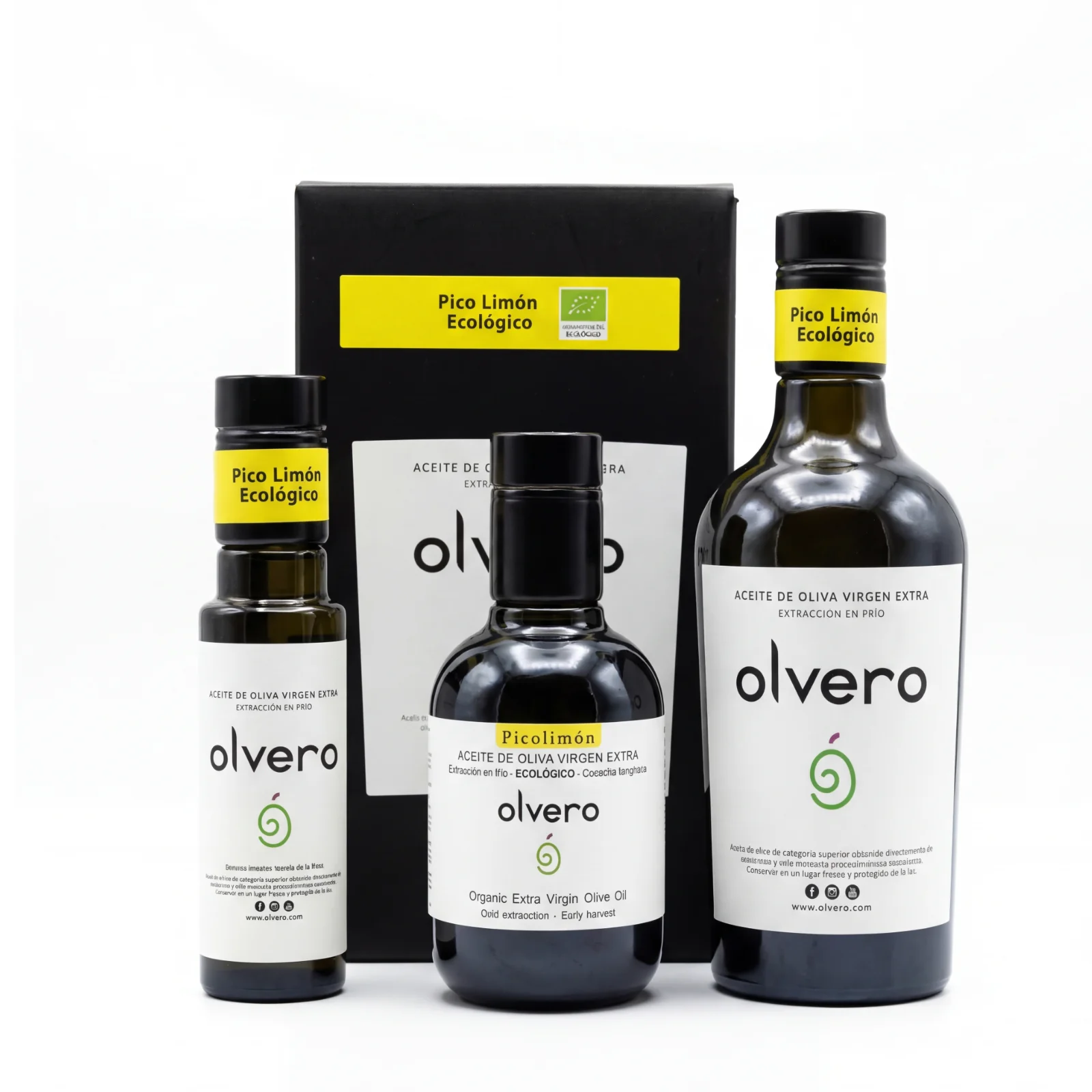 Aceite de oliva virgen extra Picolimón ecológico Olvero en diferentes formatos: botellas de 100ml, 250ml, 500ml y 2l