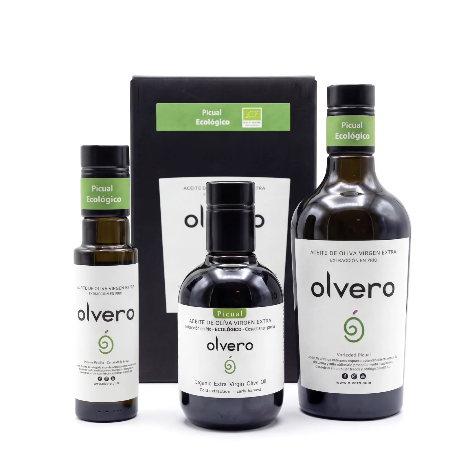 Aceite de oliva virgen extra Picual ecológico Olvero en diferentes formatos: botellas de 100ml, 250ml, 500ml y 2l