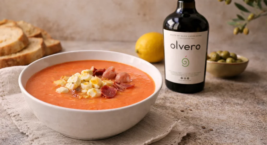 salmorejo cordobes tradicional con aceite de oliva virgen extra y jamon