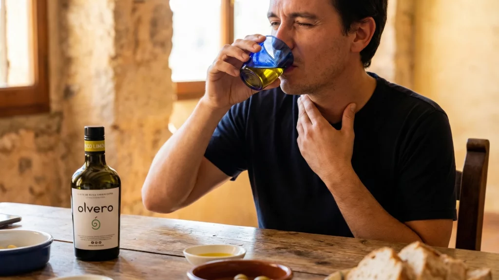 Cata de aceite de oliva virgen extra Olvero mostrando el picor en la garganta