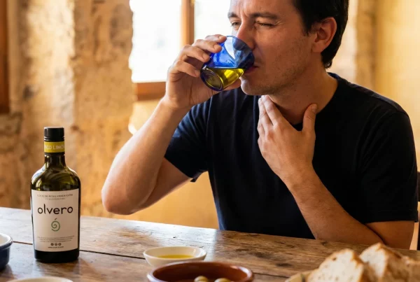 Cata de aceite de oliva virgen extra Olvero mostrando el picor en la garganta